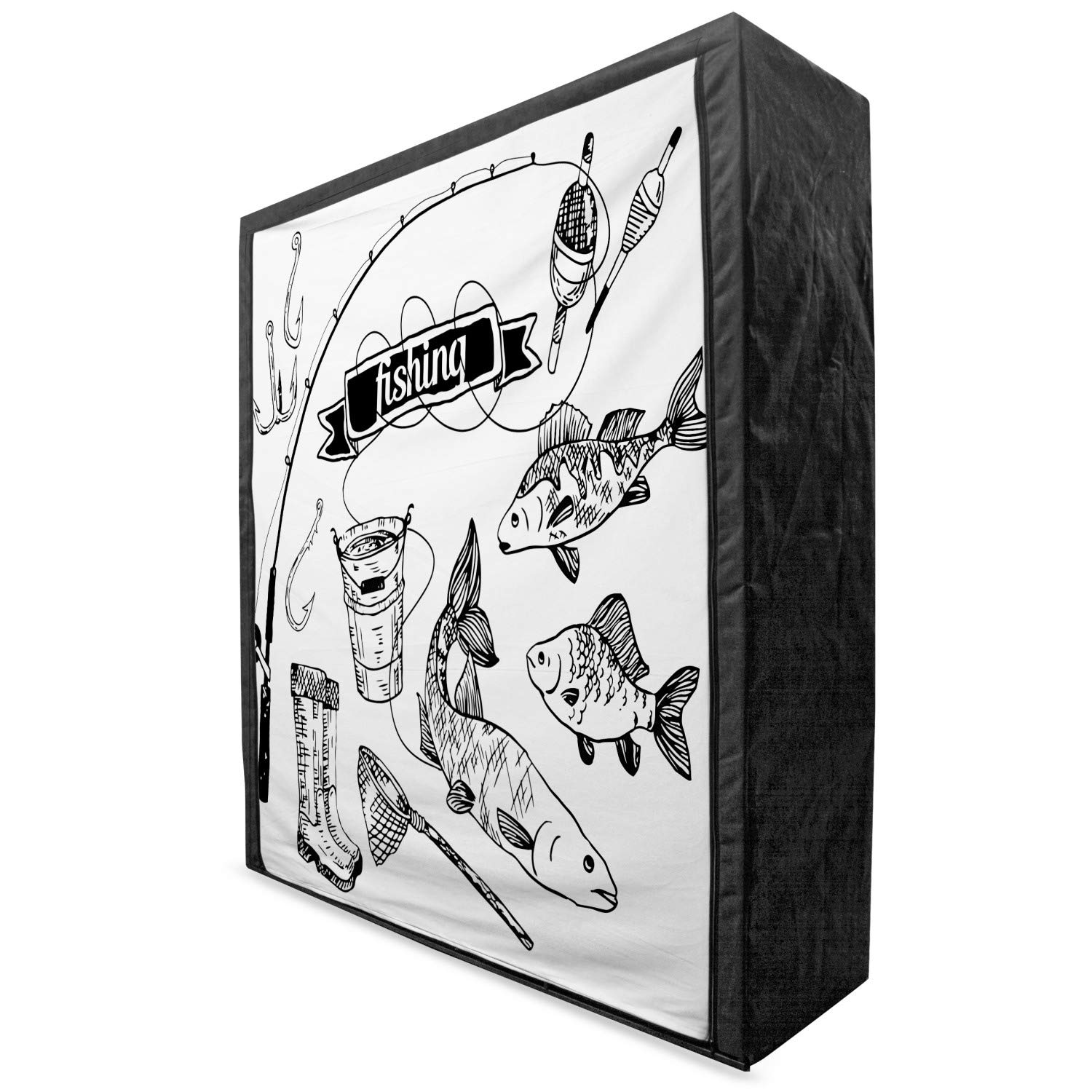 Ambesonne Fishing Portable Fabric Wardrobe - Hand Drawn Fishing Gear Print (Rod, Salmon, Perch, Bucket, Net, Float) - 59