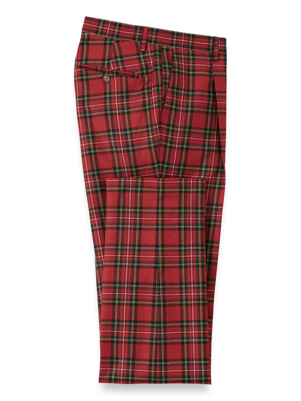 Men's Wool Flannel Plaid Single Pleat Dress Pants - Red Multi Color Checkered Pattern | Business Casual & Winter Office Wear