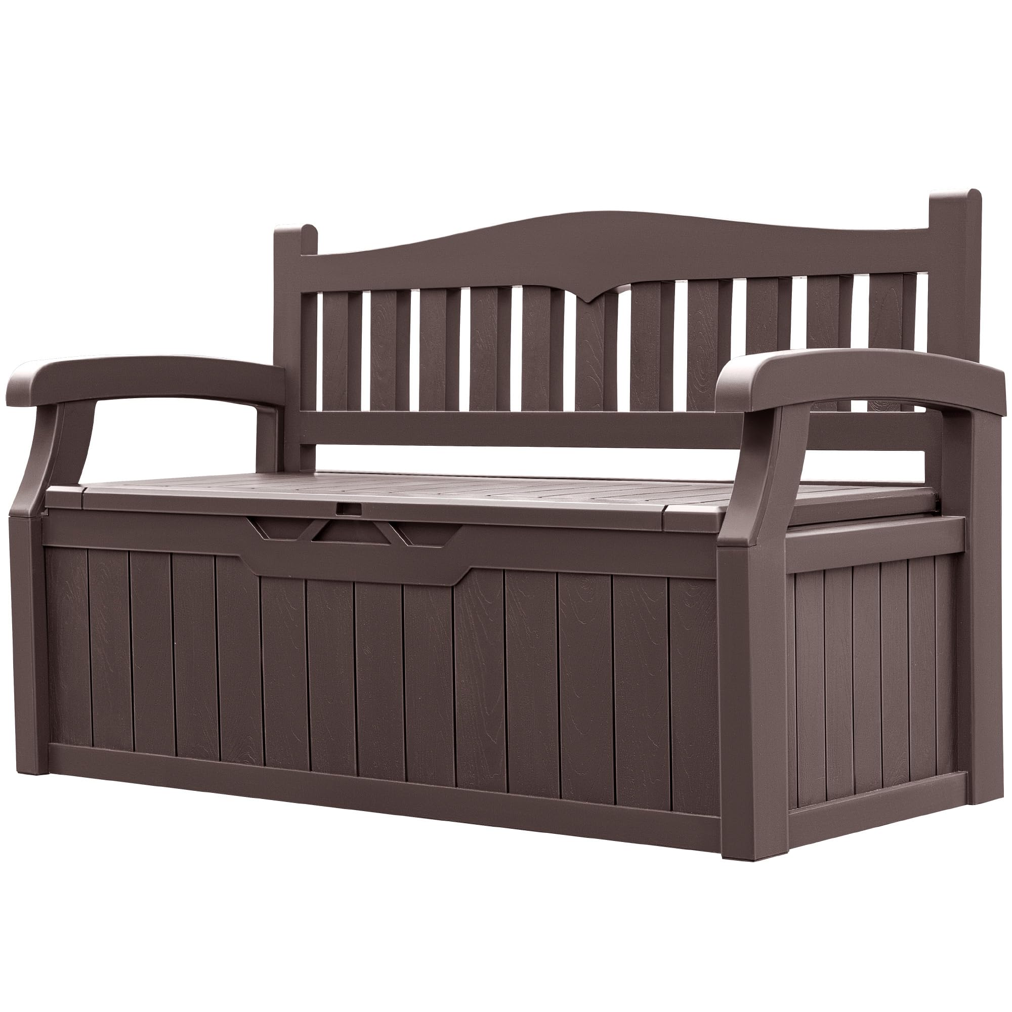 Greesum 70 Gallon Outdoor Storage Bench with Armrest - Waterproof & Durable Resin Patio Furniture - Weatherproof Brown Deck Box for Cushions, Toys & Outdoor Gear - Perfect for Garden, Poolside, Lawn & Backyard - Ideal for Patio Seating, Pool Storage, and Backyard Organization