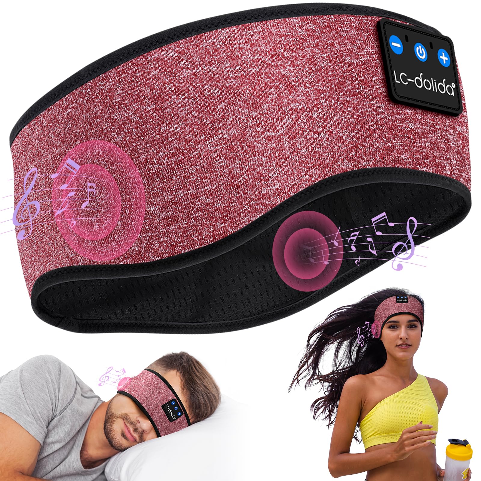 LC-dolida Bluetooth Sleep Headband with Built-in Thin Speakers - Wireless Headphones for Sleeping, Meditation & Travel - Hands-Free Music & Calls - Rose Red - Perfect Gift for Music Lovers & Frequent Travelers