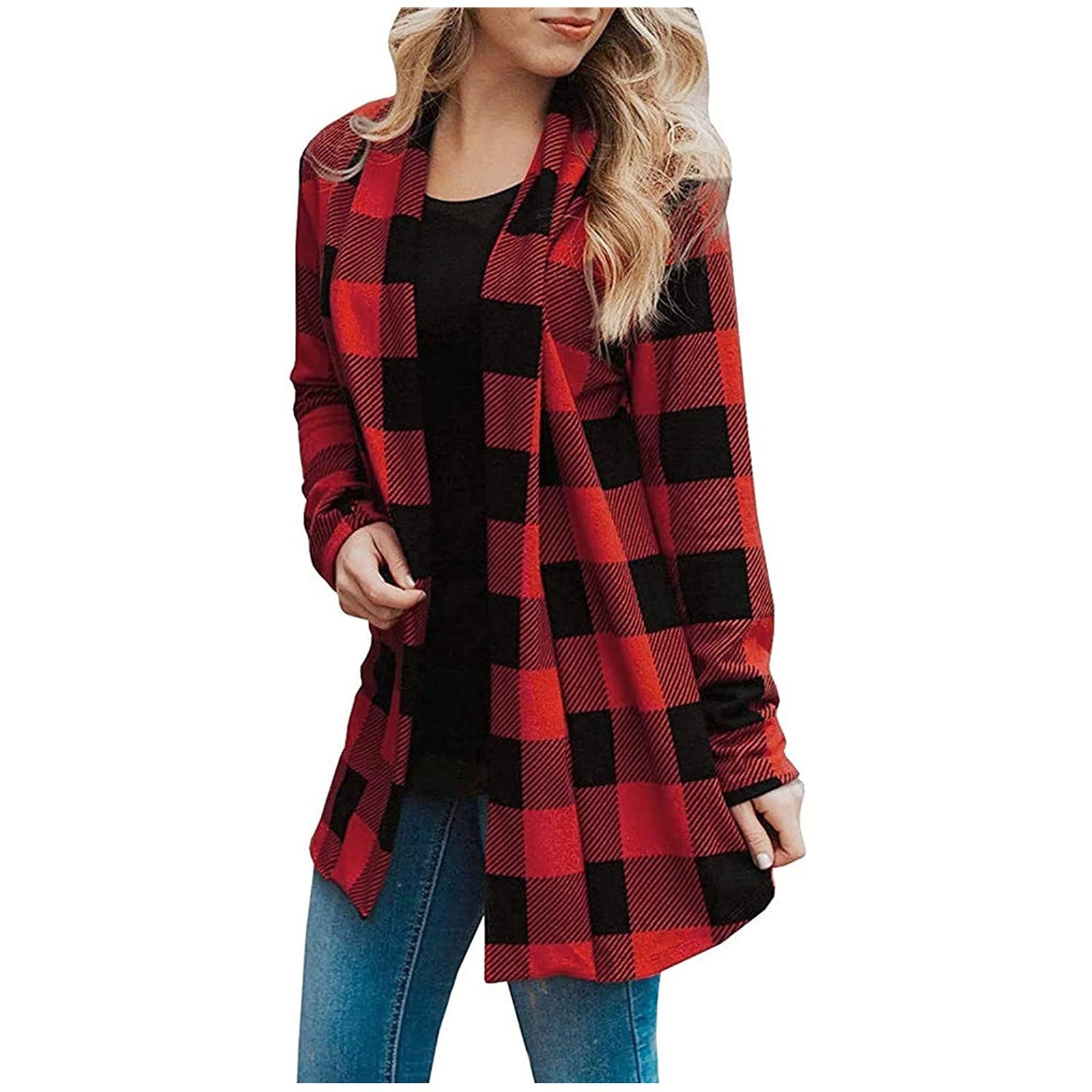 Women's Long Sleeve Plaid Print Cardigan Jacket - Stylish Coat & Outerwear Top for Casual Wear, Office & Fall Fashion