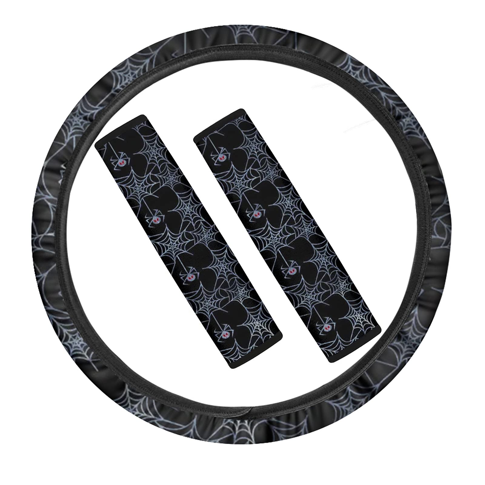 Black Spider Print Non-Slip Steering Wheel Cover & Seat Belt Covers Set - Premium Car Accessories for Comfort & Style - Perfect for Sports Cars, SUVs, and Daily Commuting