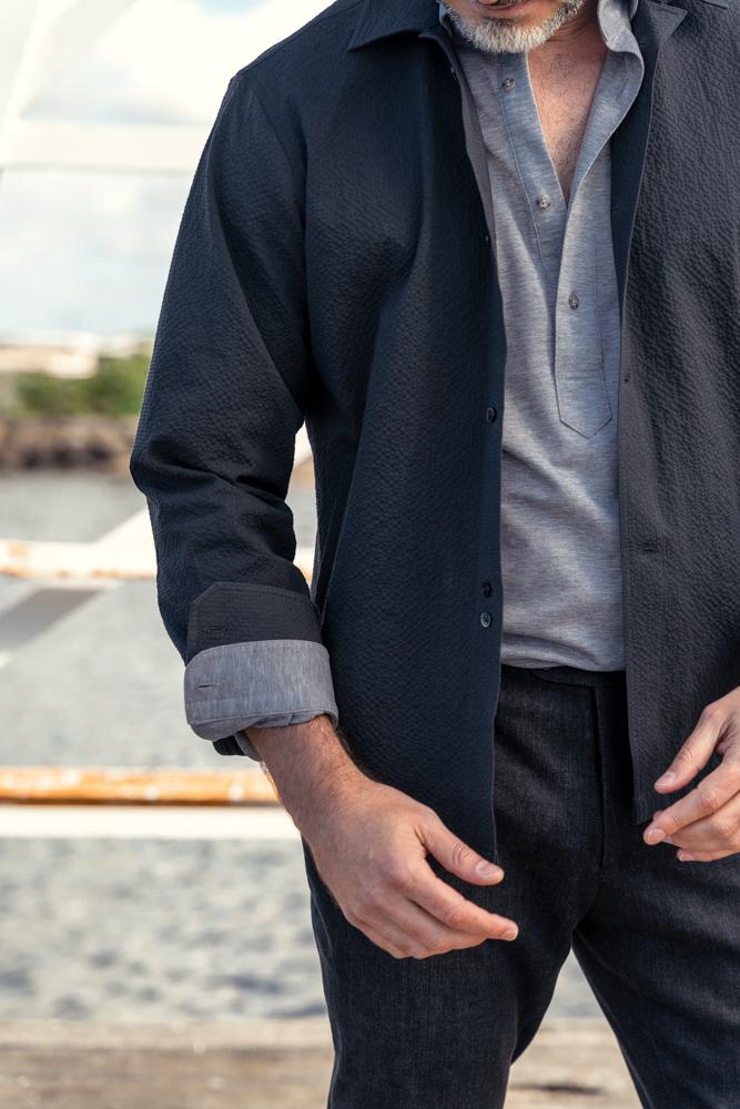 Men's Bomber Overshirt in Charcoal Seersucker Fabric - Lightweight Casual Jacket for Spring & Fall Layering
