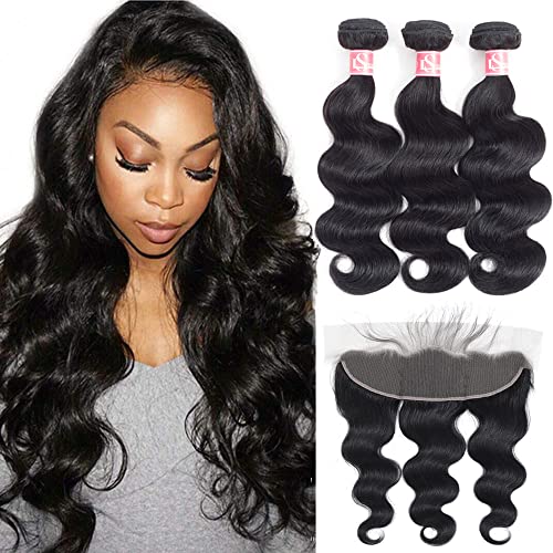 LS HAIR Brazilian Body Wave 3 Bundles with Frontal - 100% Unprocessed Virgin Human Hair Weave | 16