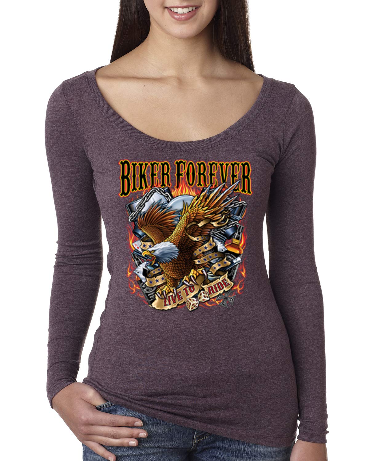 American Eagle Women's Biker Forever Live to Ride Scoop Neck Long Sleeve Top - Perfect for Motorcycle Rides, Road Trips & Casual Outfits