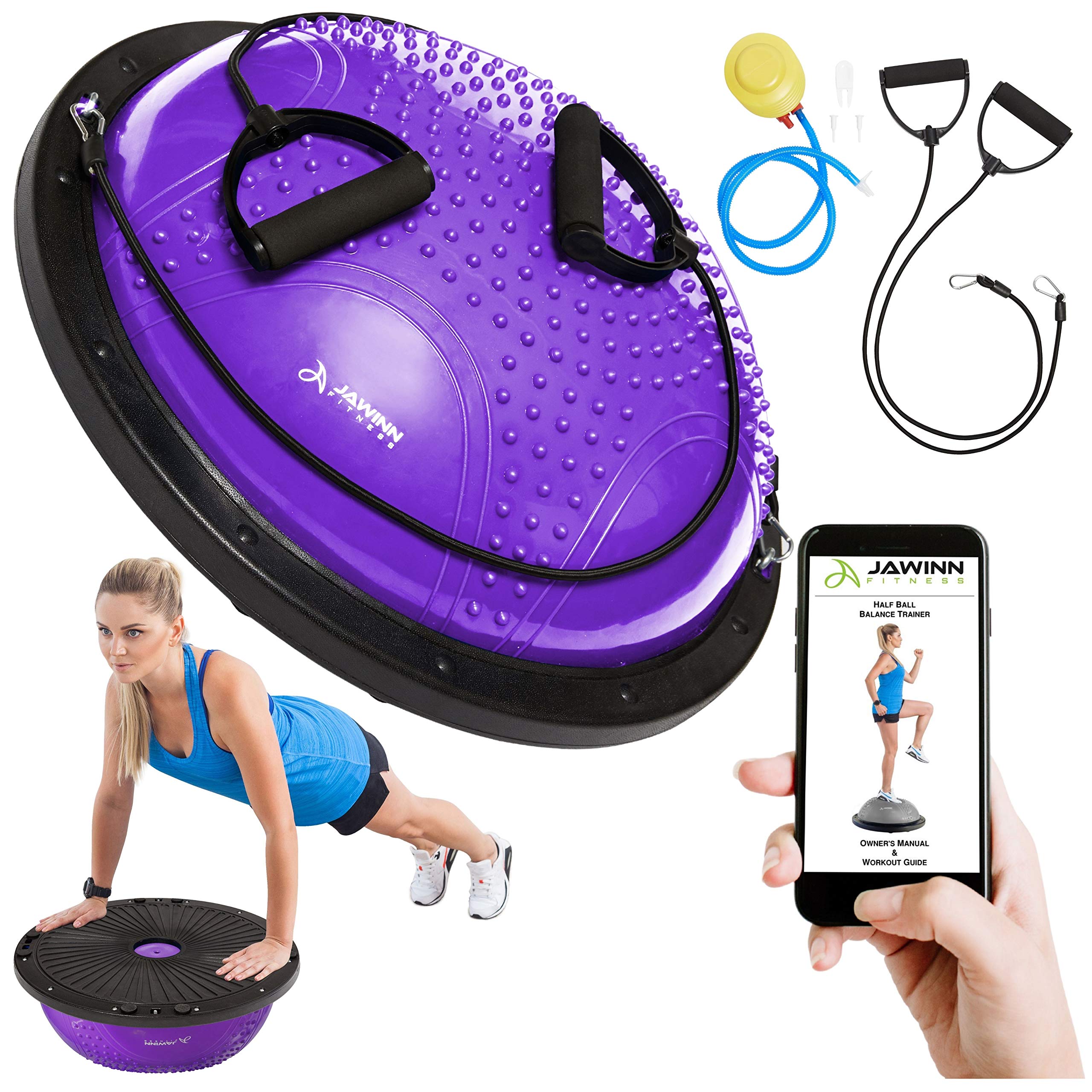JAWINN Half Ball Balance Trainer with Resistance Bands & Workout Guide - Stability Exercise Equipment for Home Gym, Yoga, Strength Training, Physical Therapy - Improve Core Strength & Balance for Fitness, Sports & Rehabilitation
