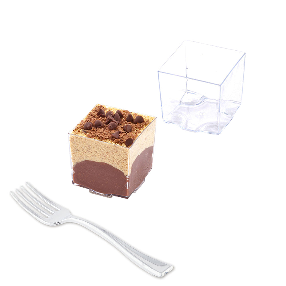 100 Pack 3 oz Square Clear Plastic Quadrato Cups & 100 Silver Mini Plastic Forks - Perfect for Party Desserts, Cocktails, and Wedding Receptions