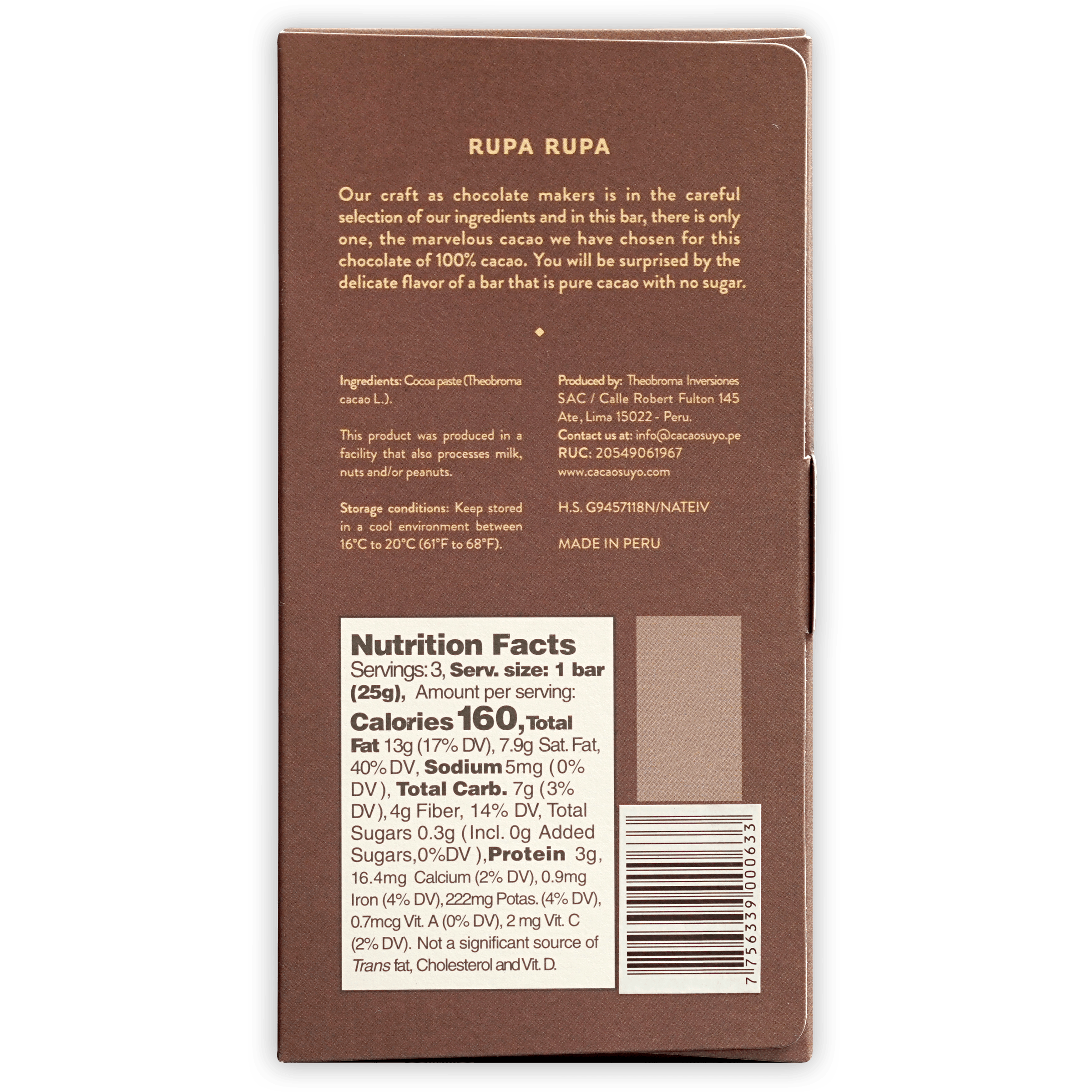 Organic Cacaosuyo Rupa Rupa 100% Pure Dark Chocolate Bar - Premium Peruvian Cocoa for Baking, Gifts & Healthy Snacking