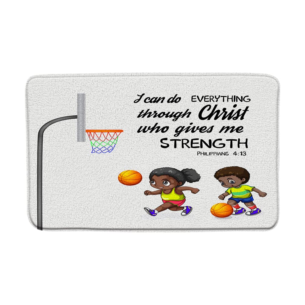 Inspirational Bible Sports Bath Rug - Basketball Scripture Quotes for Kids' Bathroom Decor