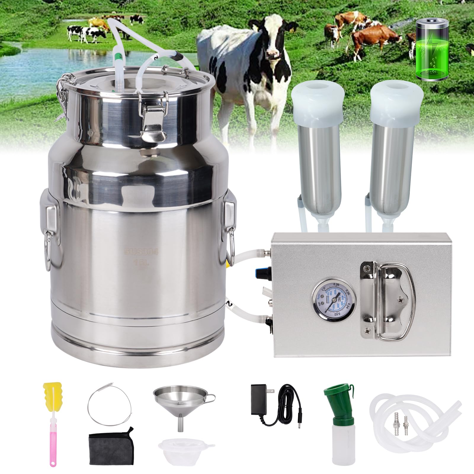 15L Electric Cow Milking Machine - Rechargeable & Portable Vacuum Pump Milker with Battery Power for Dairy Cows | Ideal for Small Farms, Homesteads & Livestock Management