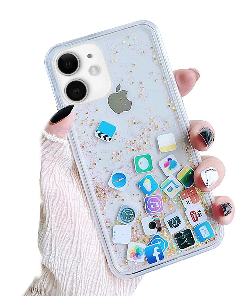 UnnFiko Liquid Glitter Phone Case for iPhone 13 Pro Max | Hard Back Colorful Bling Quicksand with iOS Icon Design | Shimmering Gold Glitter Protective Cover | Perfect for Parties, Nightlife & Fashion Accessories