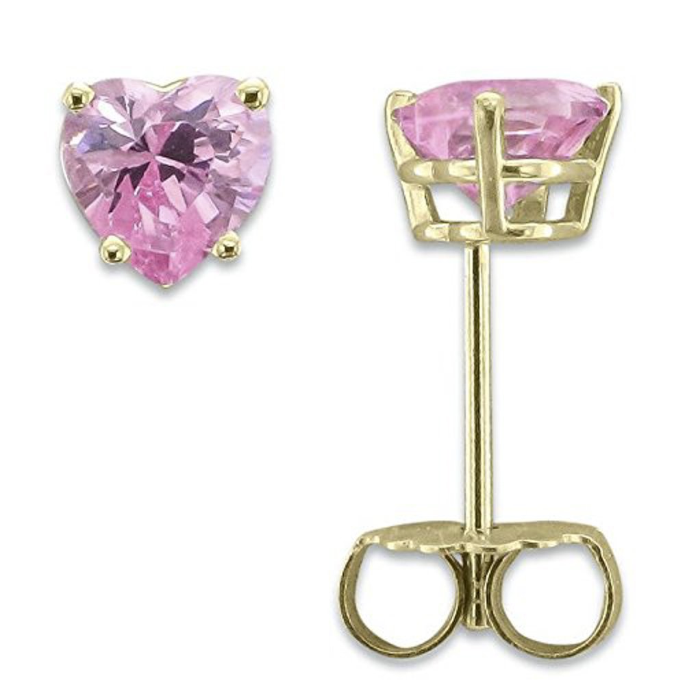 14K Yellow Gold 5mm Heart-Shaped Pink Cubic Zirconia Stud Earrings for Women - Perfect Gift for Valentine's Day, Anniversary & Special Occasions