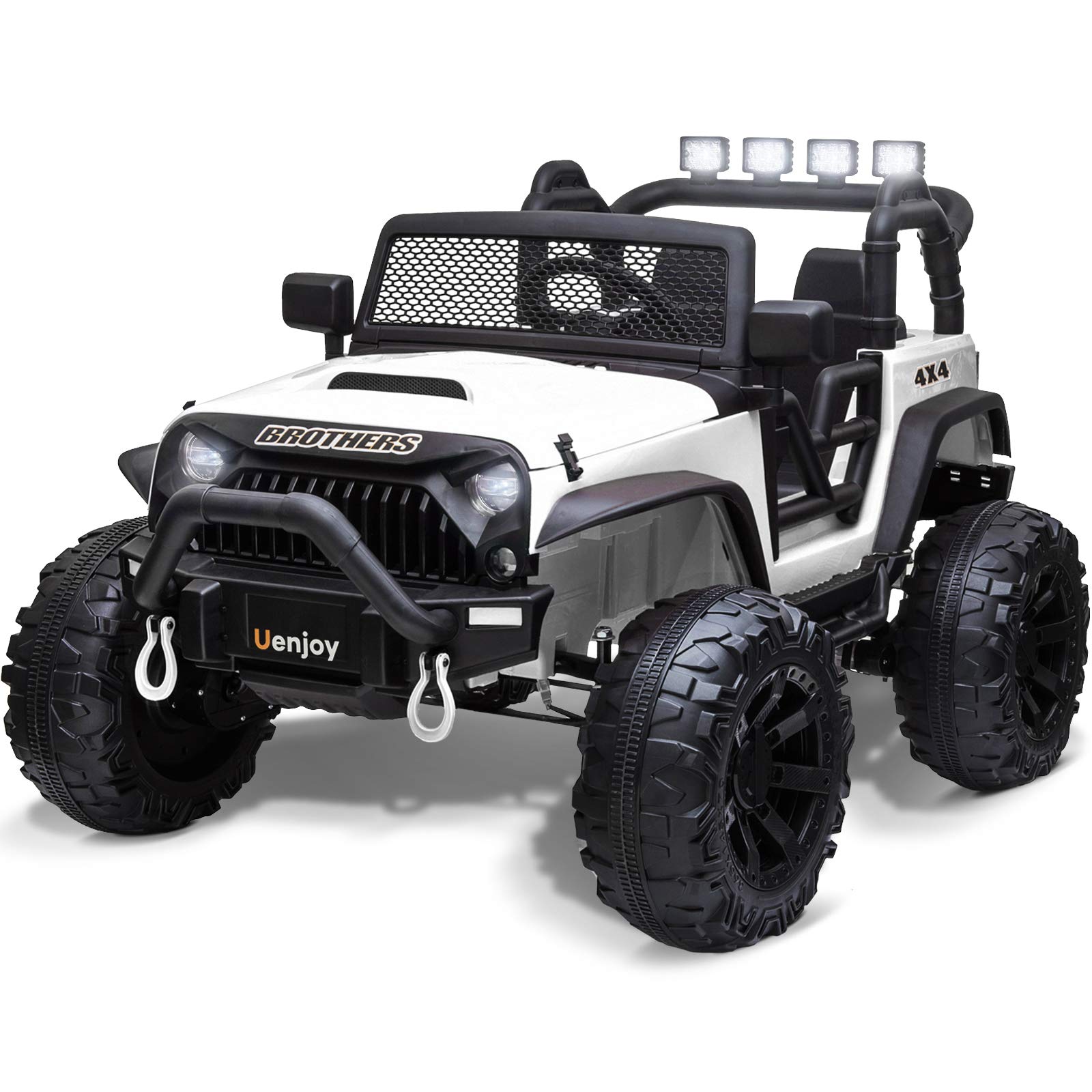 Uenjoy 12V Large Electric Ride-On Car for Kids - 2 Seater Motorized Truck with Battery Power, Wheels Suspension, Remote Control, LED Lights, Bluetooth & Music - Perfect for Outdoor Play & Birthday Gifts (White)