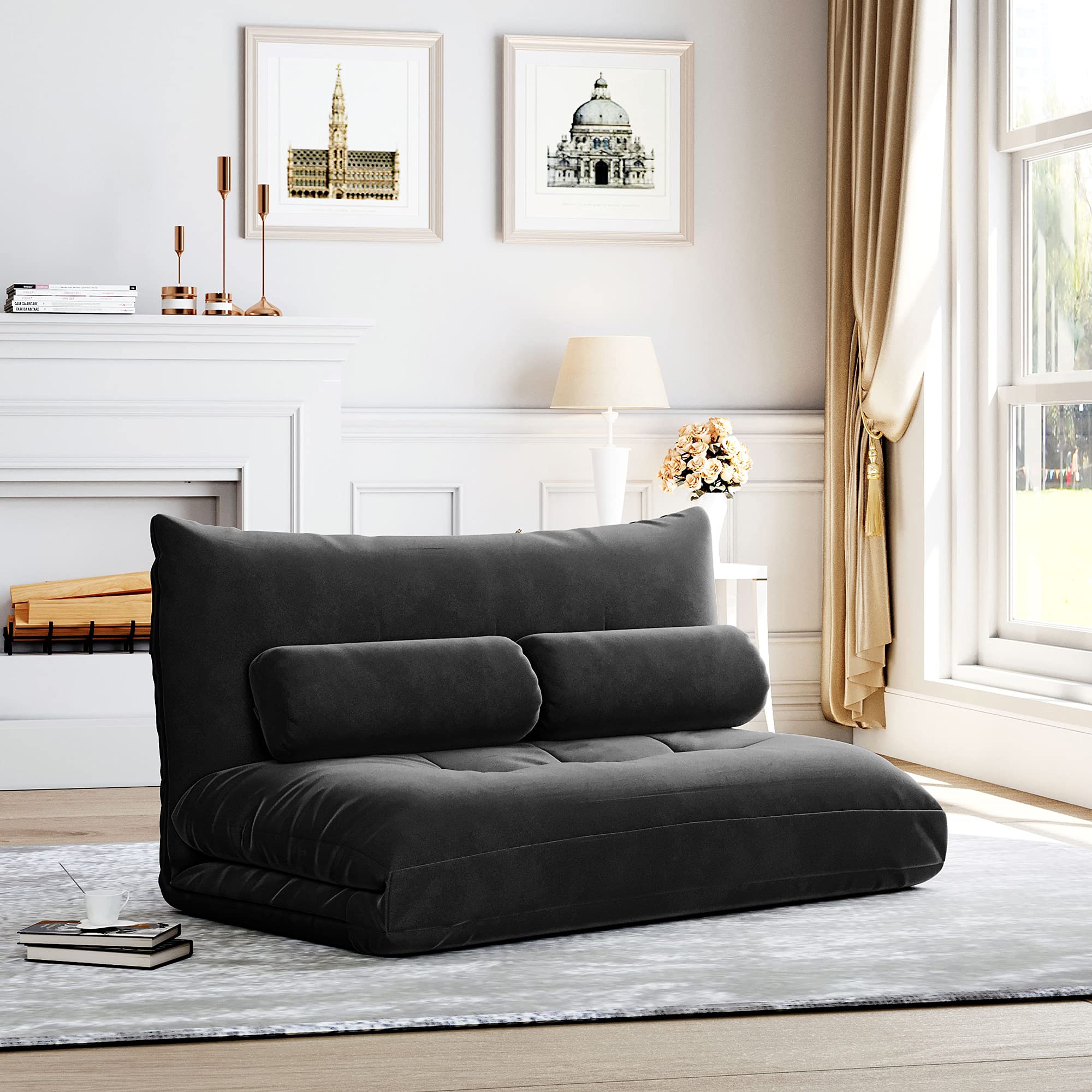 LZ LEISURE ZONE Adjustable Foldable Floor Sofa Bed - Convertible Gaming Sofa Mattress & Futon Couch with 2 Pillows (Black) - Perfect for Small Spaces, Gaming Rooms & Guest Beds