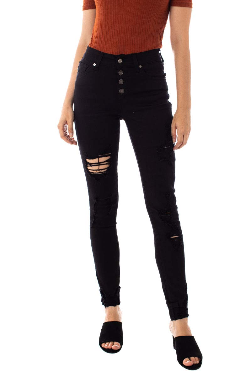 Kan Can Women's High Rise Button Fly Distressed Super Skinny Jeans - Stretch Denim Pants for Casual Wear, Night Out & Everyday Fashion