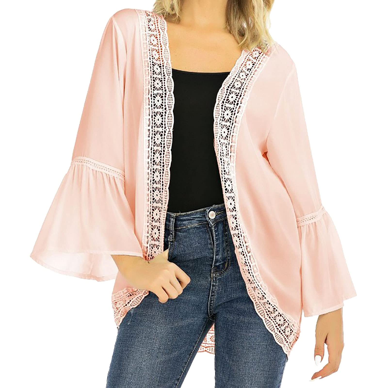Elegant Long Sleeve Chiffon Cardigan for Women - Lace Trim Spring Summer Cover Up Blouse - Perfect for Office, Date Night & Casual Outings