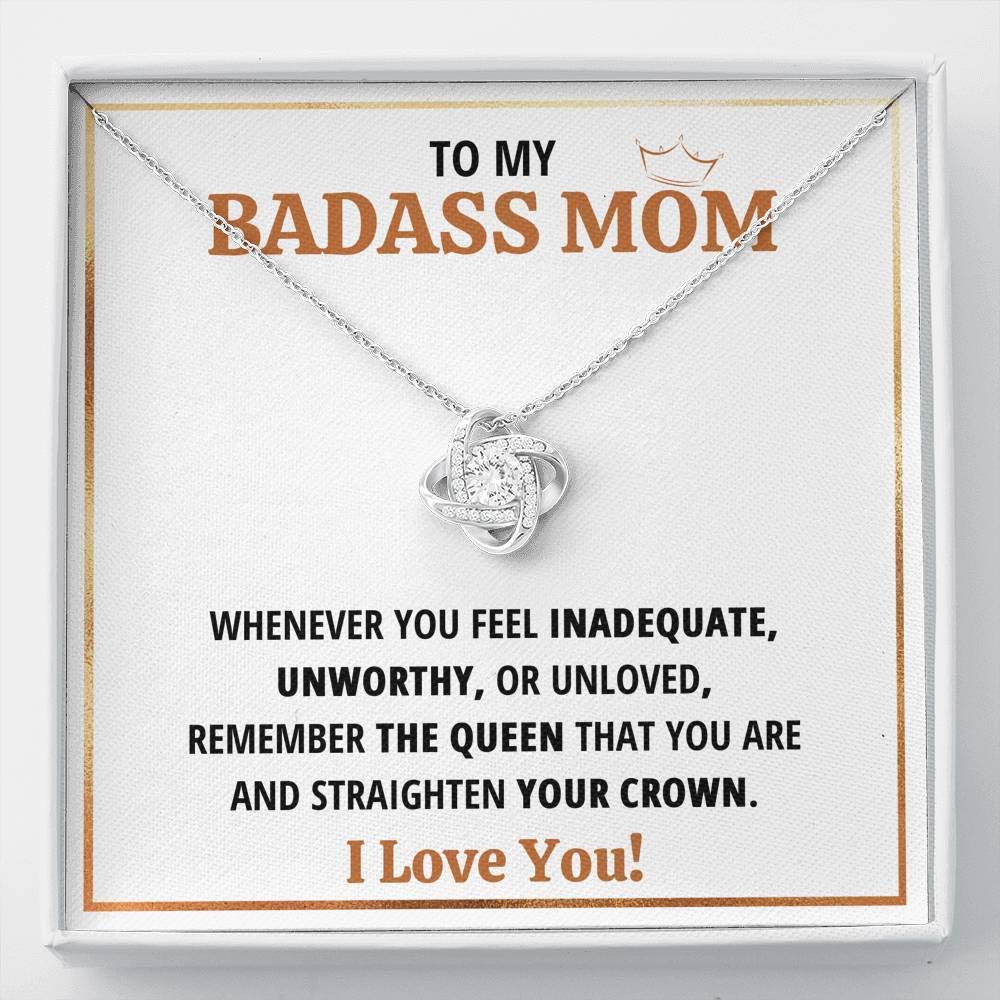Badass Mom Queen Love Knot Pendant Necklace - Personalized Gift from Daughter or Son for Mother's Day with Message Card & Gift Box | Perfect for Birthday, Anniversary, Christmas & Special Occasions