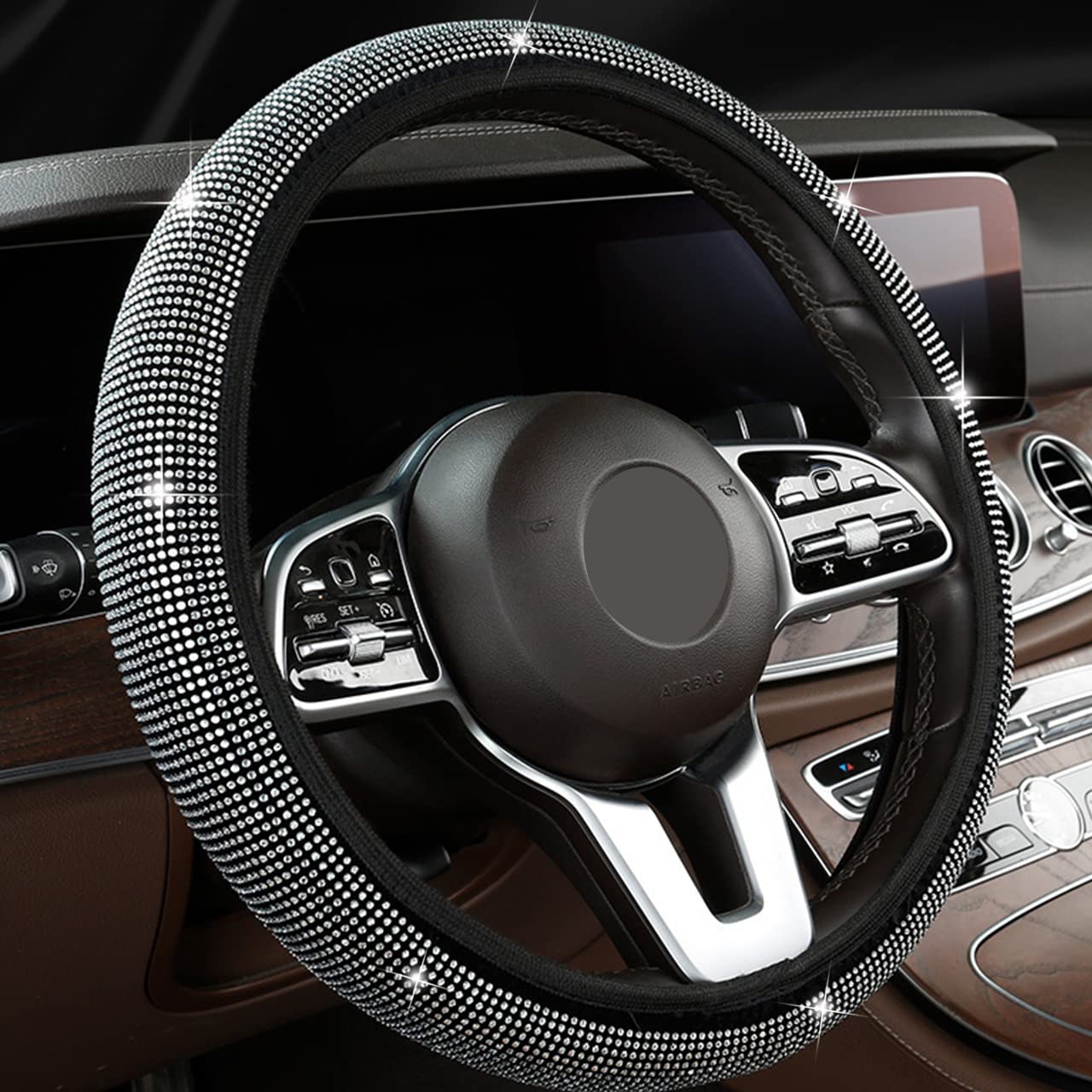 Sparkling Crystal Rhinestone Steering Wheel Cover - Anti-Slip, Breathable Universal Fit for 14.2-15 Inch Wheels - Luxury Car Accessory for Women & Men - Perfect for SUVs, Sedans & Daily Commuting (White)