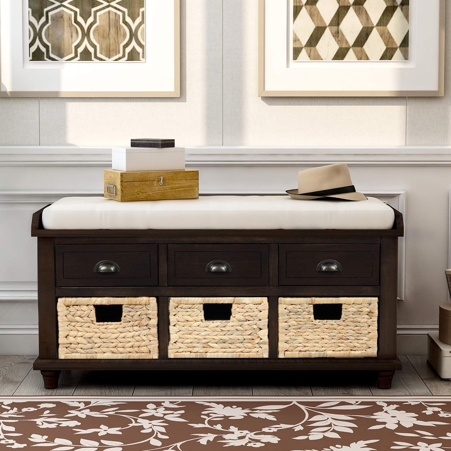Yoluckea Rustic Wooden Storage Bench with 3 Drawers & 3 Woven Rattan Baskets - Entryway Shoe Bench for Living Room, Hallway, Bedroom - Espresso Brown Farmhouse Style Organizer (Perfect for Entry Storage, Shoe Organization & Home Decor)