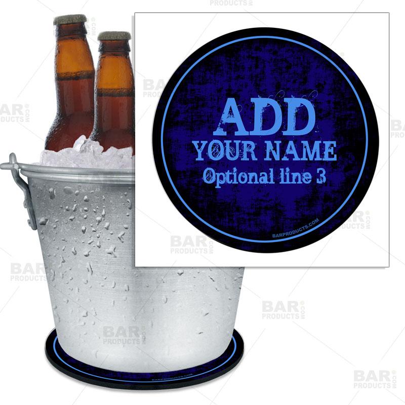 Blue Grunge Beer Bucket Coaster - Personalized Name Customizable - Perfect for Pubs, Bars, and Home Entertaining
