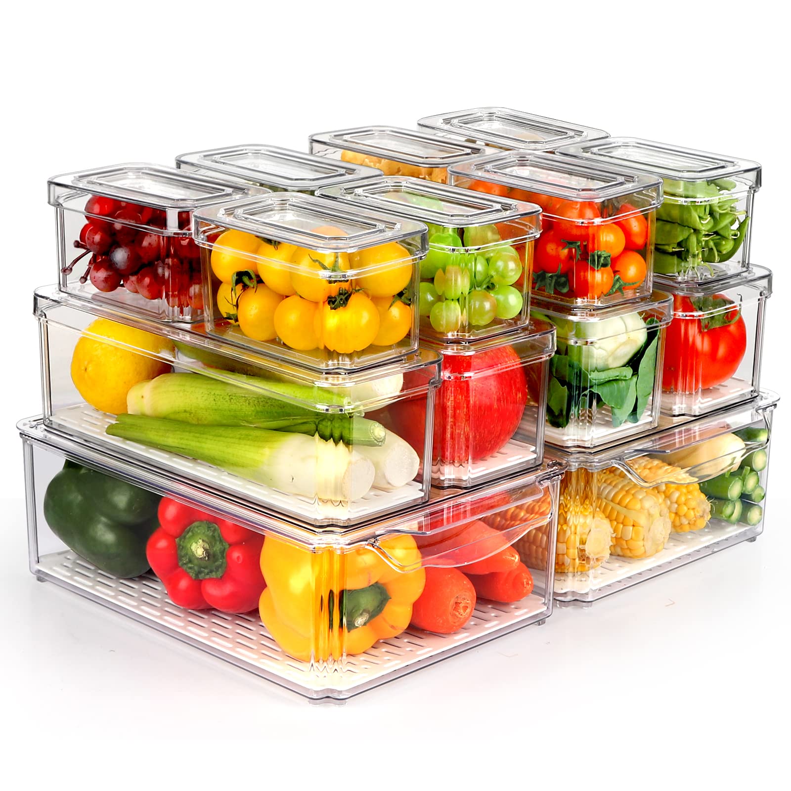 14-Pack Stackable BPA-Free Clear Refrigerator Organizer Bins with Lids - Food Storage Containers for Fruits, Vegetables, Drinks & Cereals | Fridge Organization for Kitchen, Pantry & Meal Prep