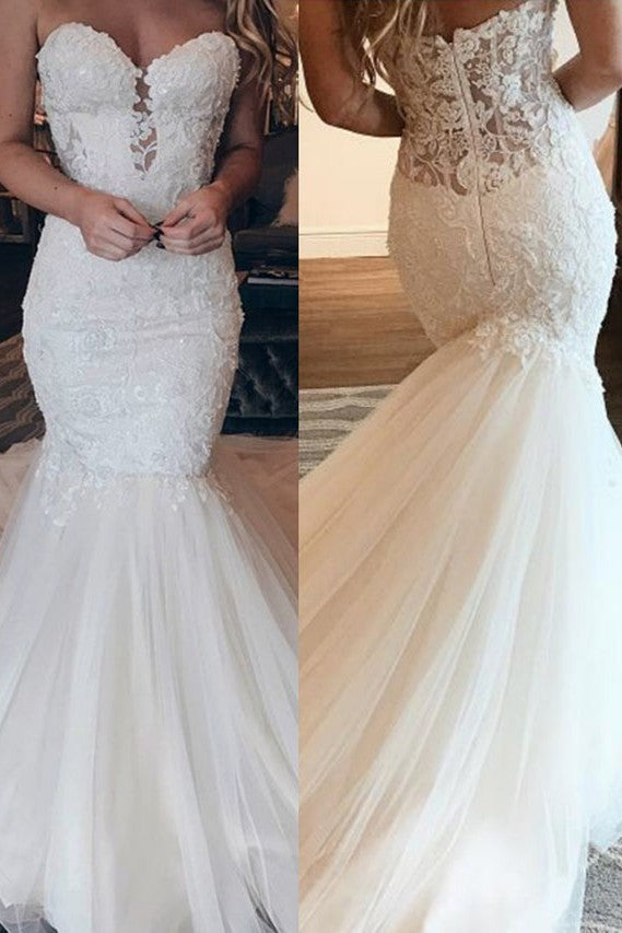 Affordable Strapless Tulle Lace Wedding Dress - Chic Mermaid Sleeveless Long Gown for Bride | Perfect for Beach Weddings, Vow Renewals & Formal Evening Events
