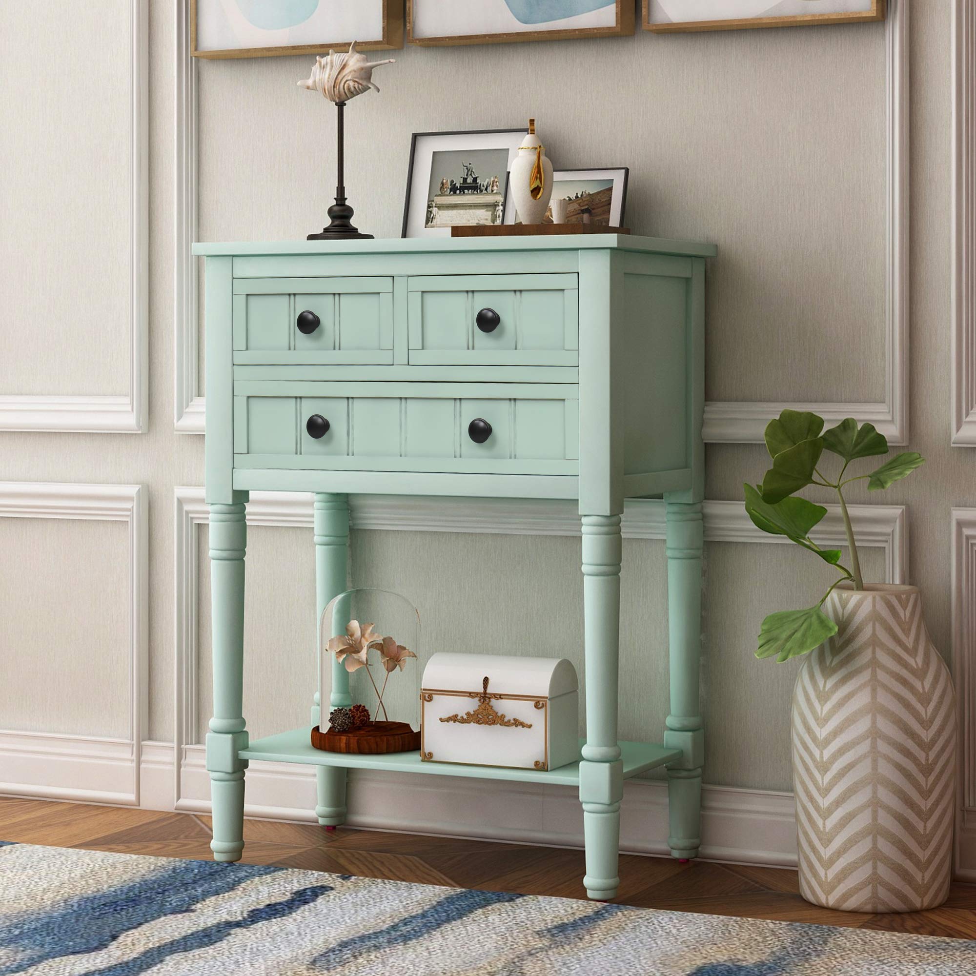 Farmhouse Narrow Console Table with Storage Drawers - Slim Sofa Table for Living Room & Entryway - Easy Assembly (Retro Blue) - Perfect for Small Spaces & Hallways