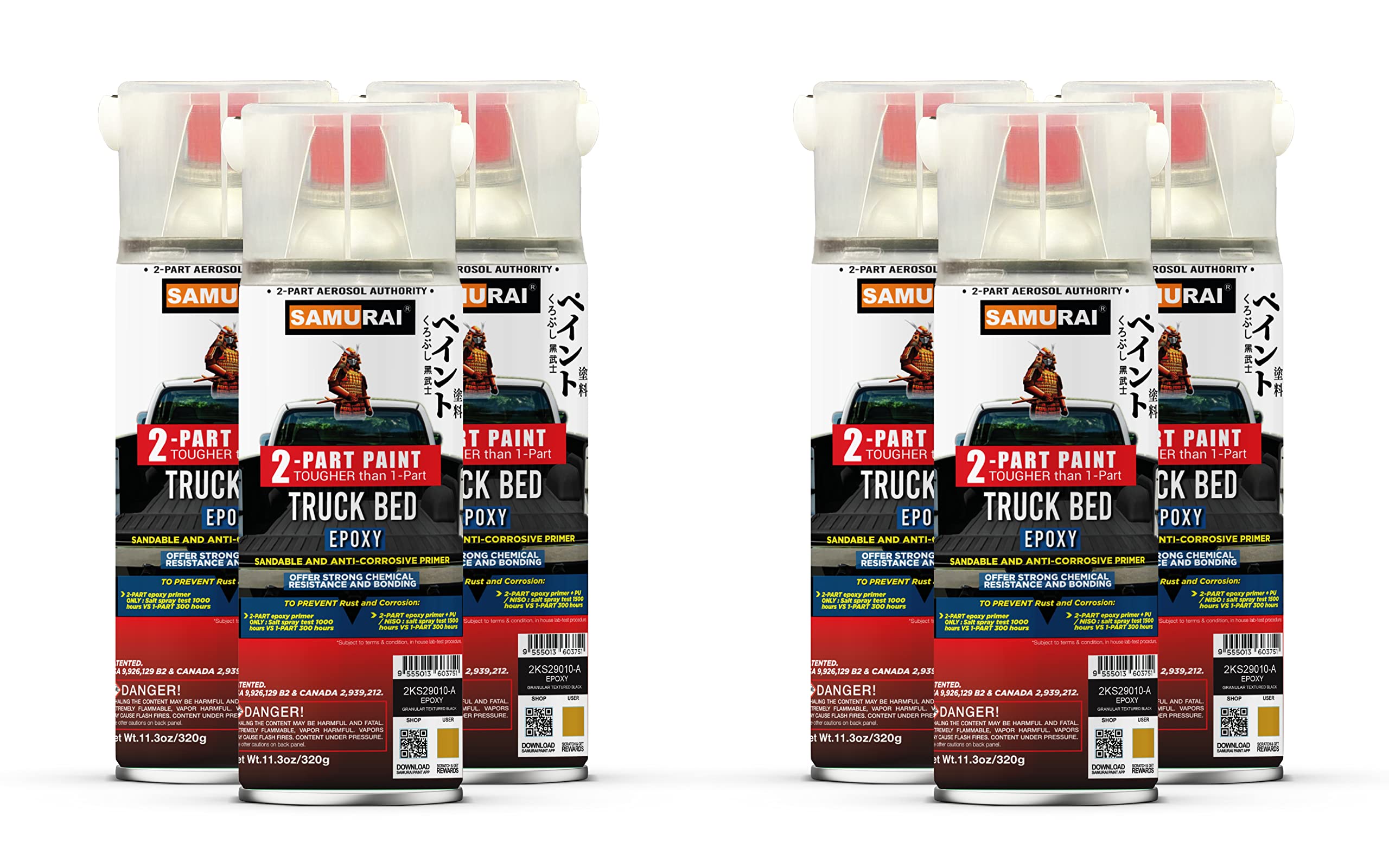 Samurai Epoxy Primer Spray Paint for Truck Bed Liner - Professional Granular Textured Primer (Black, 6-Pack) | Durable Protection for Car & Truck Beds, Metal Surfaces & DIY Auto Repairs | Ideal for Rust Prevention, Scratch Repair & Surface Coating