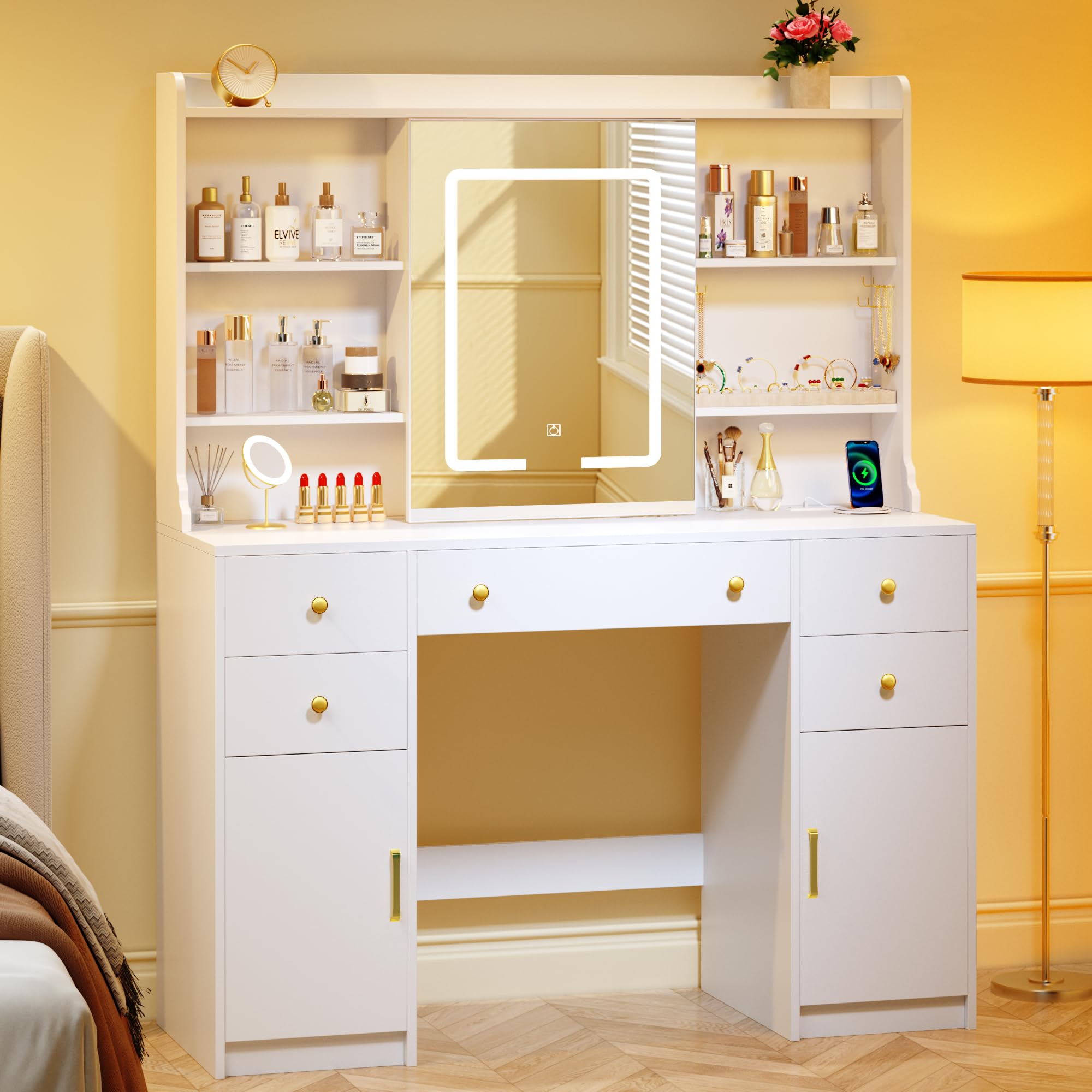 Vanity Desk with Mirror and LED Lights - Adjustable 3 Light Modes, White Makeup Table with 5 Drawers & 2 Storage Cabinets, Sliding LED Mirror - Perfect for Bedroom, Dressing Room, and Beauty Salon Makeup Area