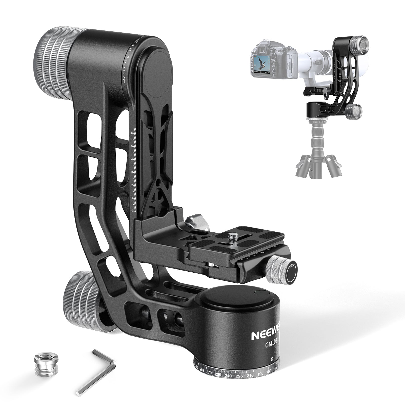 NEEWER GM102 Professional Tripod Gimbal Head for DSLR & Mirrorless Cameras - Smooth Panning & Tilting for Photography & Videography - Perfect for Wildlife, Sports, and Travel Shots