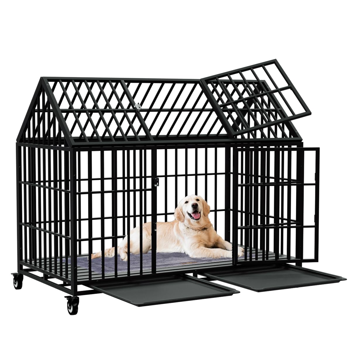 54 Inch Heavy Duty Dog Crate - Extra Large Metal Dog Cage with Wheels & 2 Removable Trays - Secure Kennel for XL Breeds | Ideal for Home, Travel & Vet Visits