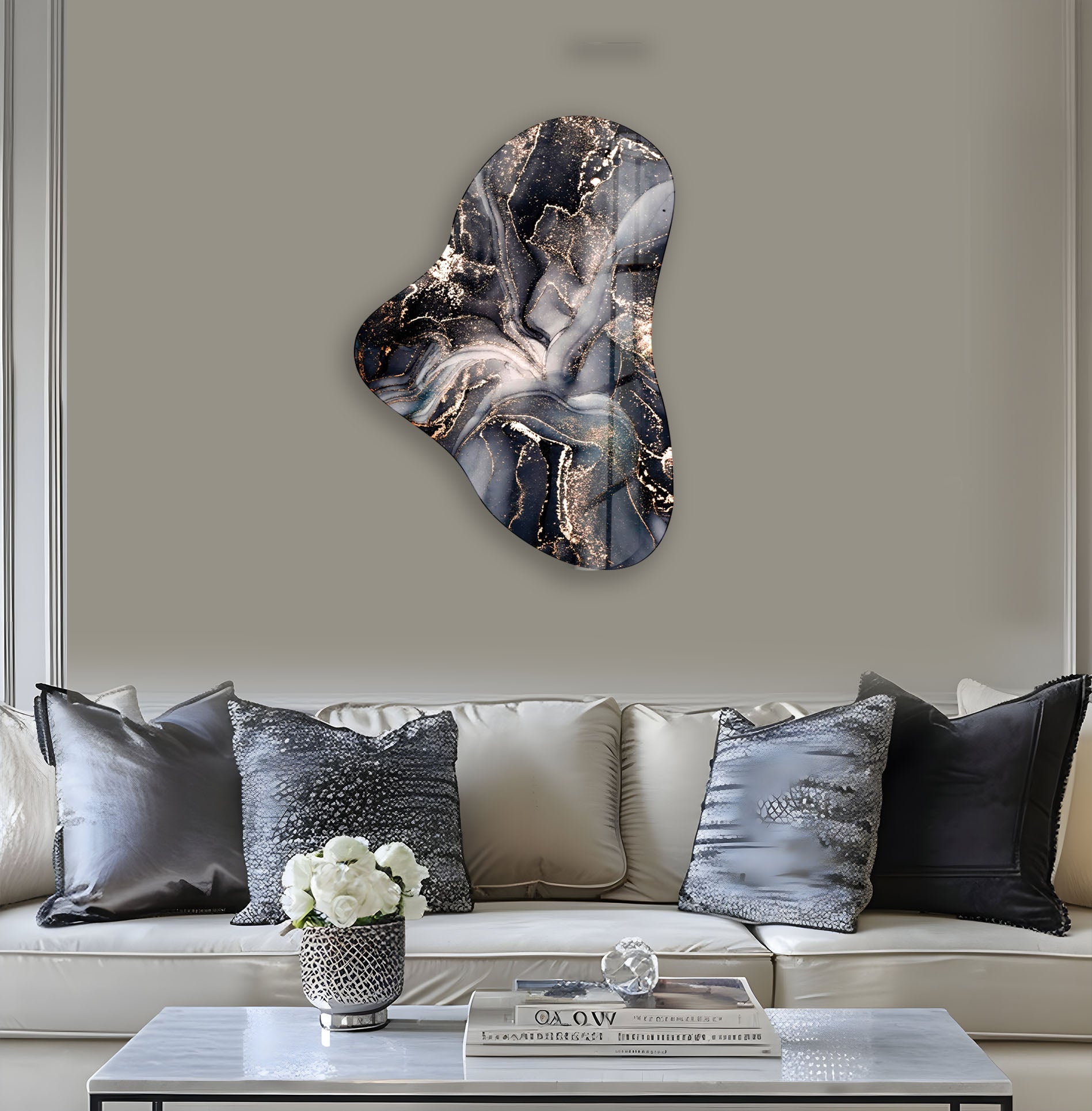 Black Alcohol Ink Asymmetrical Glass Wall Art - Modern Abstract Home Decor for Living Room, Bedroom & Office - Handmade Contemporary Artwork for Interior Design