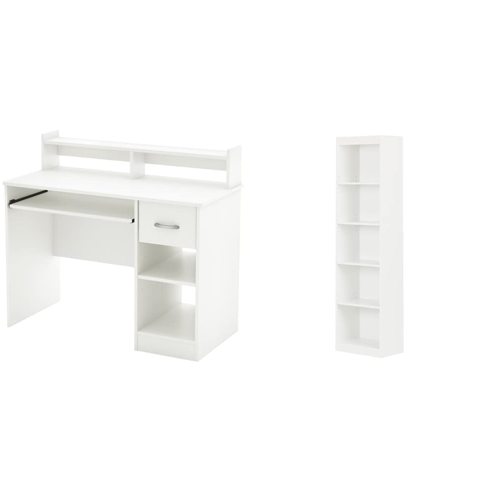 South Shore Axess Desk with Keyboard Tray & Space Saving Bookcase Set - White Home Office Furniture for Small Spaces | Compact Workstation with Adjustable Shelves for Organizing Books, Supplies & Decor