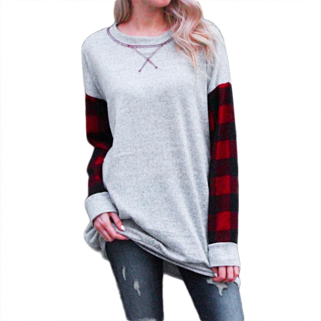 Women's Fashion Patchwork Plaid Long Sleeve O-Neck Pullover Blouse - Loose Fit Casual Top for Work, Office & Everyday Wear | Clearance Sale