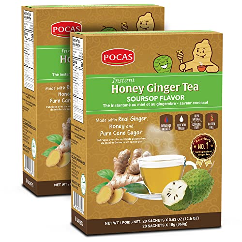 Organic Honey Ginger Tea Powder with Soursop - Non-GMO, Gluten Free & Caffeine Free Instant Tea Packets, 40 Count (2 Packs of 20) - Perfect for Cold Relief, Immune Support & Relaxation at Home or Office