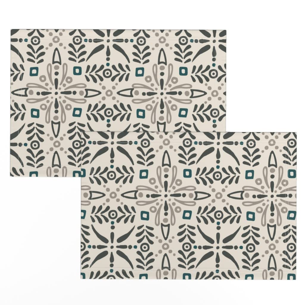 Spoonflower Linen Cotton Canvas Placemats Set of 2 - Moroccan Mint Earth Tiles Teal Black Floral Tile Print Washable Table Mats for Dining, Kitchen, and Home Decor