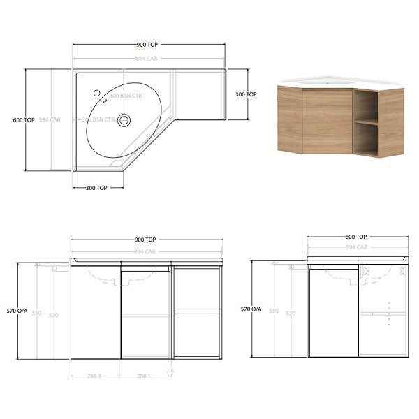 ADP Glacier Lite Corner Vanity with Cast Marble Top - Space-Saving Twin Wall Hung Bathroom Sink Cabinet for Small Bathrooms | Perfect for Apartments, Powder Rooms & Modern Home Decor