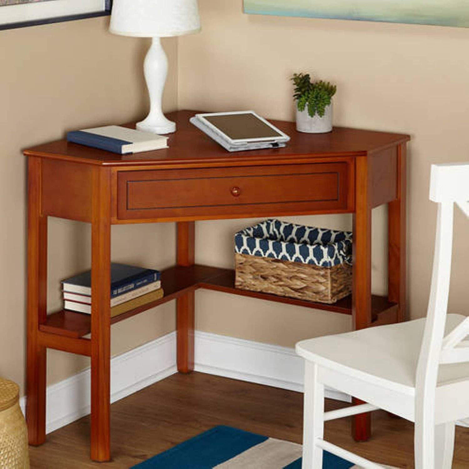 Cherry Wood Corner Computer Desk with Pullout Drawer & Shelf - Space-Saving Home Office Desk for Small Rooms, Gaming & Study Workstation