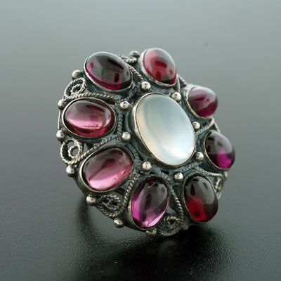 Vintage Moonstone and Garnet Cluster Ring - Sterling Silver Statement Jewelry for Women - Perfect for Boho, Retro, and Vintage Fashion Lovers