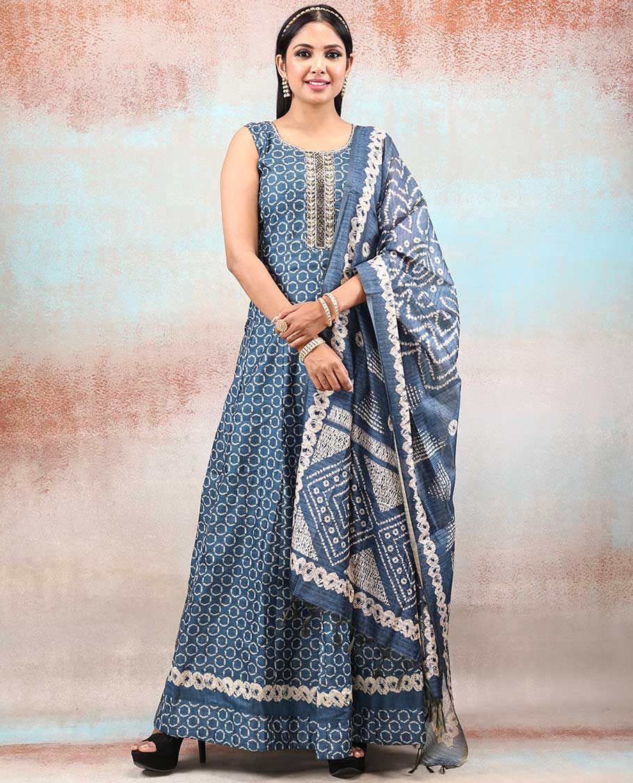 Elegant Blue Batik Printed Chanderi Anarkali Dress with Polka Dots, Neck Embroidery & Intricate Dupatta - Perfect for Weddings, Parties & Festive Occasions
