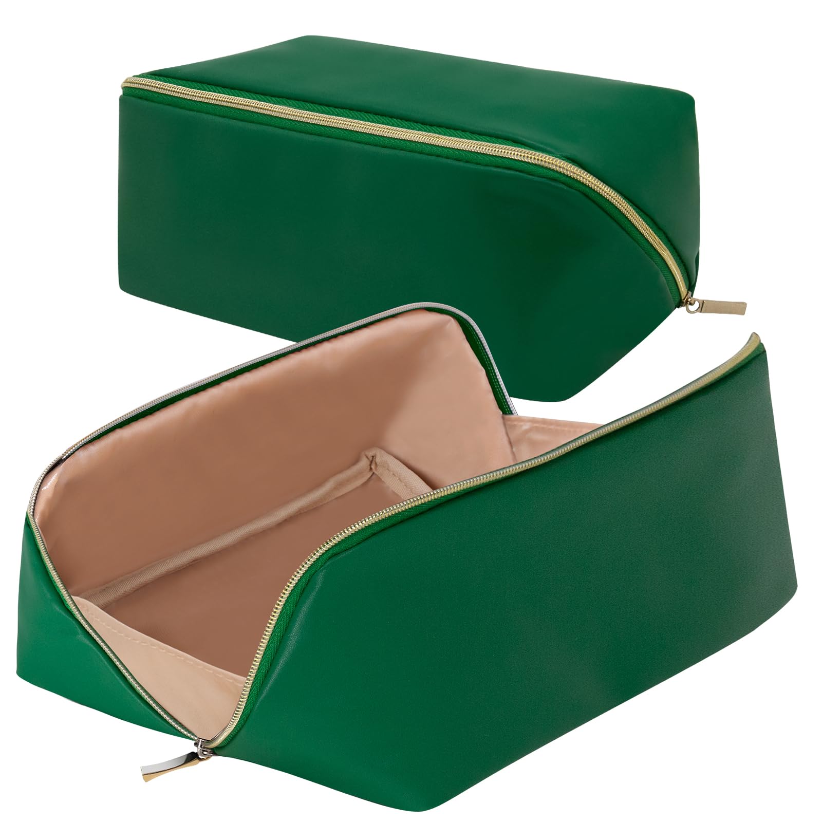 Waterproof Large Portable Makeup Bag - Flat Opening Cosmetic Organizer for Easy Access | Travel Toiletry Bag for Cosmetics, Brushes & Daily Essentials | Perfect for Overnight Trips, Gym & Beauty On-The-Go (Green)