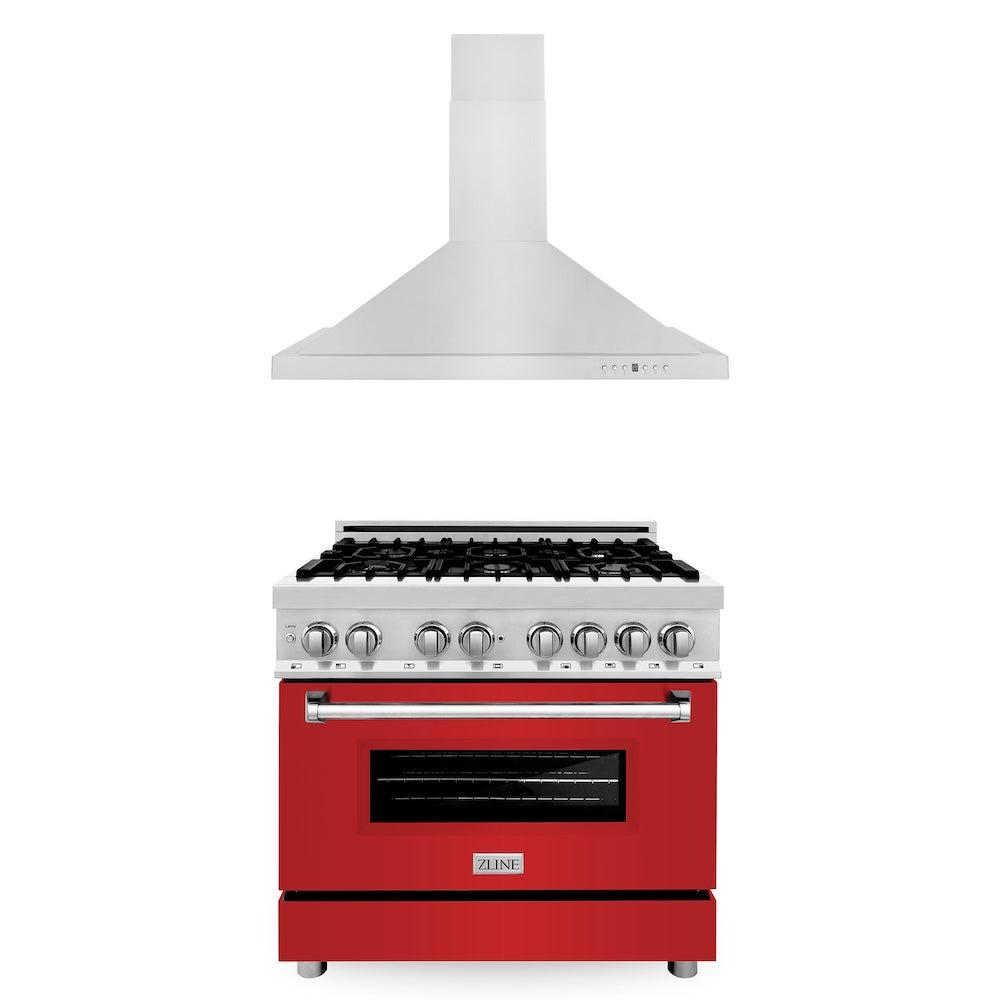 ZLINE 36 Inch Stainless Steel Dual Fuel Range with Red Matte Door & Convertible Vent Hood - Professional Kitchen Package (2KP RARMRH36) for Home Chefs & Modern Kitchens