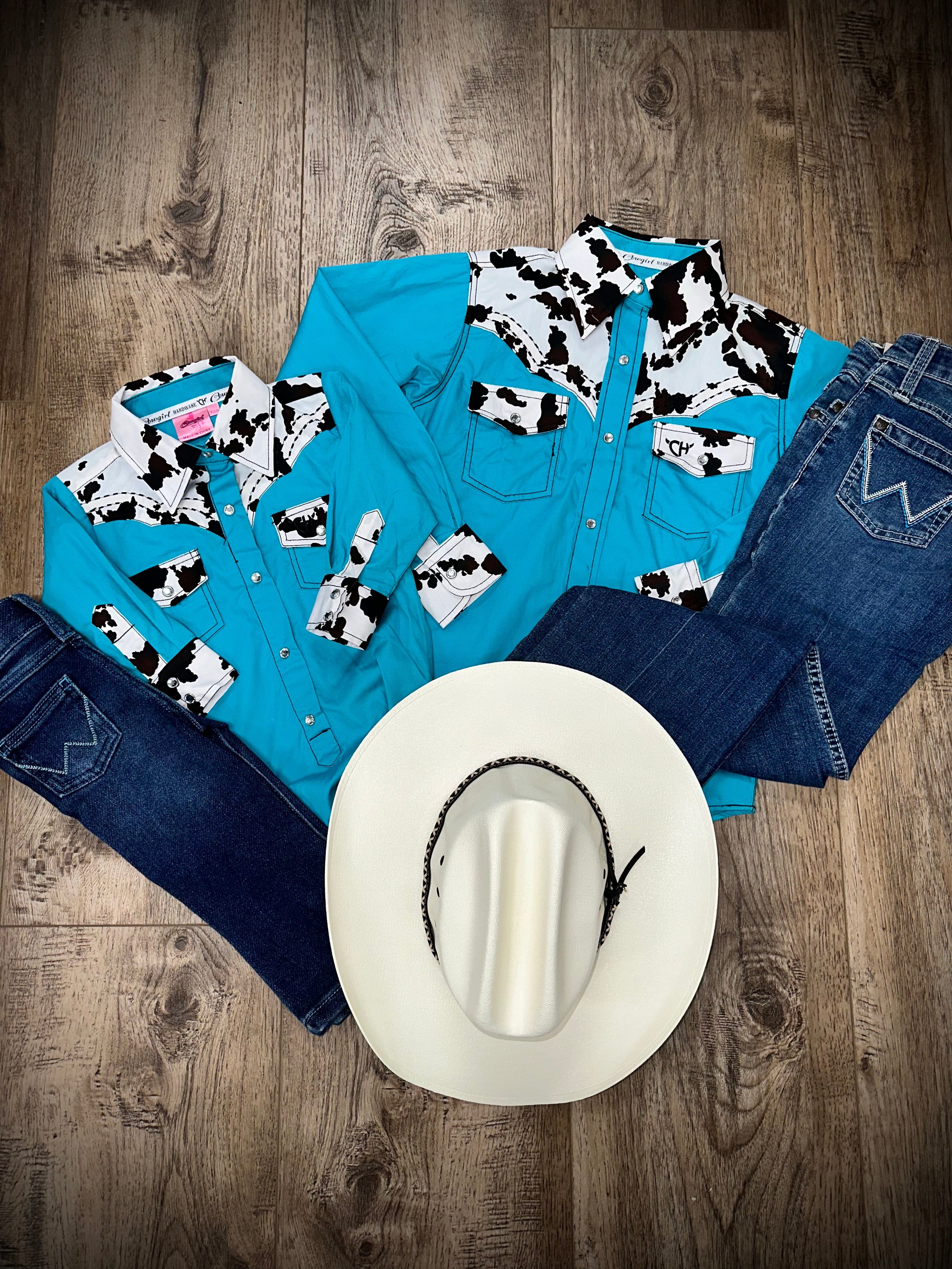 Girl's Moody Cow Print Turquoise T-Shirt - Trendy Graphic Tee for Casual Wear & School Outfits