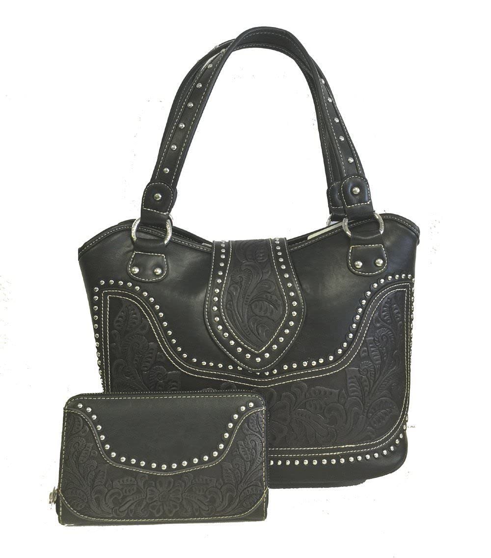 Montana West Concealed Carry Tooled Leather Shoulder Purse - Gun Concealment Bag with Matching Wallet for Women & Men (Black) | Perfect for Everyday Carry, Travel, and Outdoor Activities