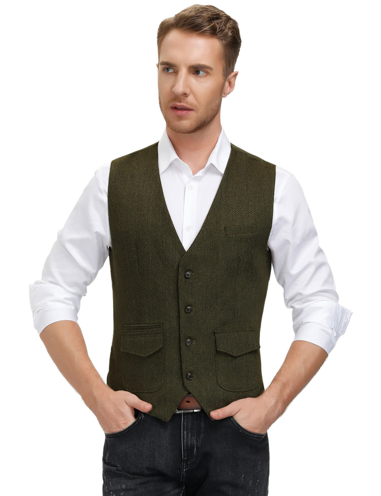 Men's British Herringbone Tweed Vest - Casual Wool Blend Waistcoat with Pockets for Office, Wedding & Formal Events | Winter Fashion Layering Piece