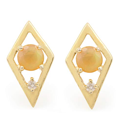 0.03 Carat Natural Diamond & October Birthstone Ethiopian Opal 14k Yellow Gold Stud Earrings for Women - Dainty Fine Jewelry Gift for Anniversary, Birthday & Everyday Wear
