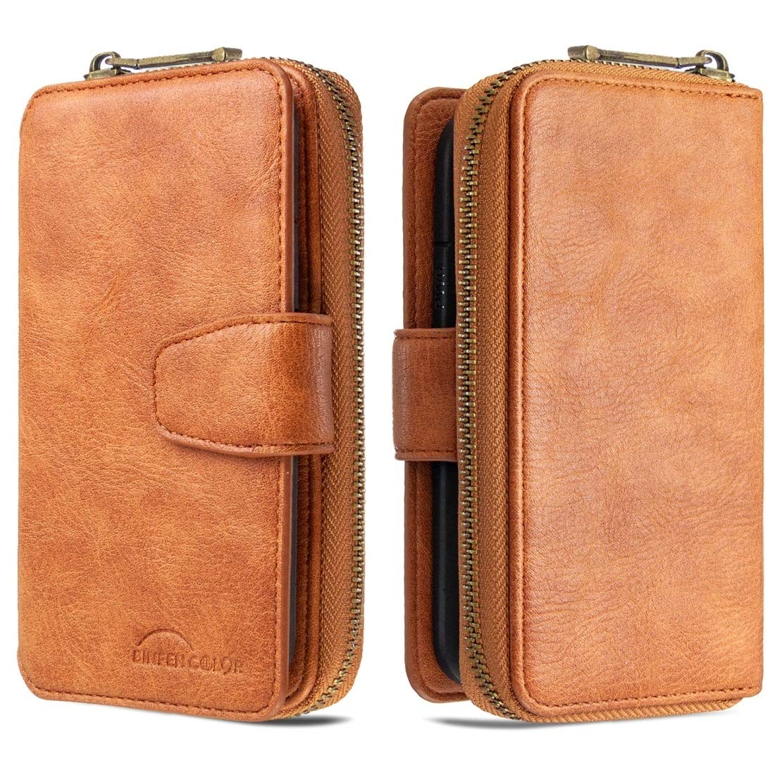 Premium Leather Wallet Case for iPhone Xs Max - Detachable Zipper Flip Cover with Card Slots & Photo Frame, Multi-Functional Protective Phone Case (Brown) | Perfect for Business, Travel & Everyday Use
