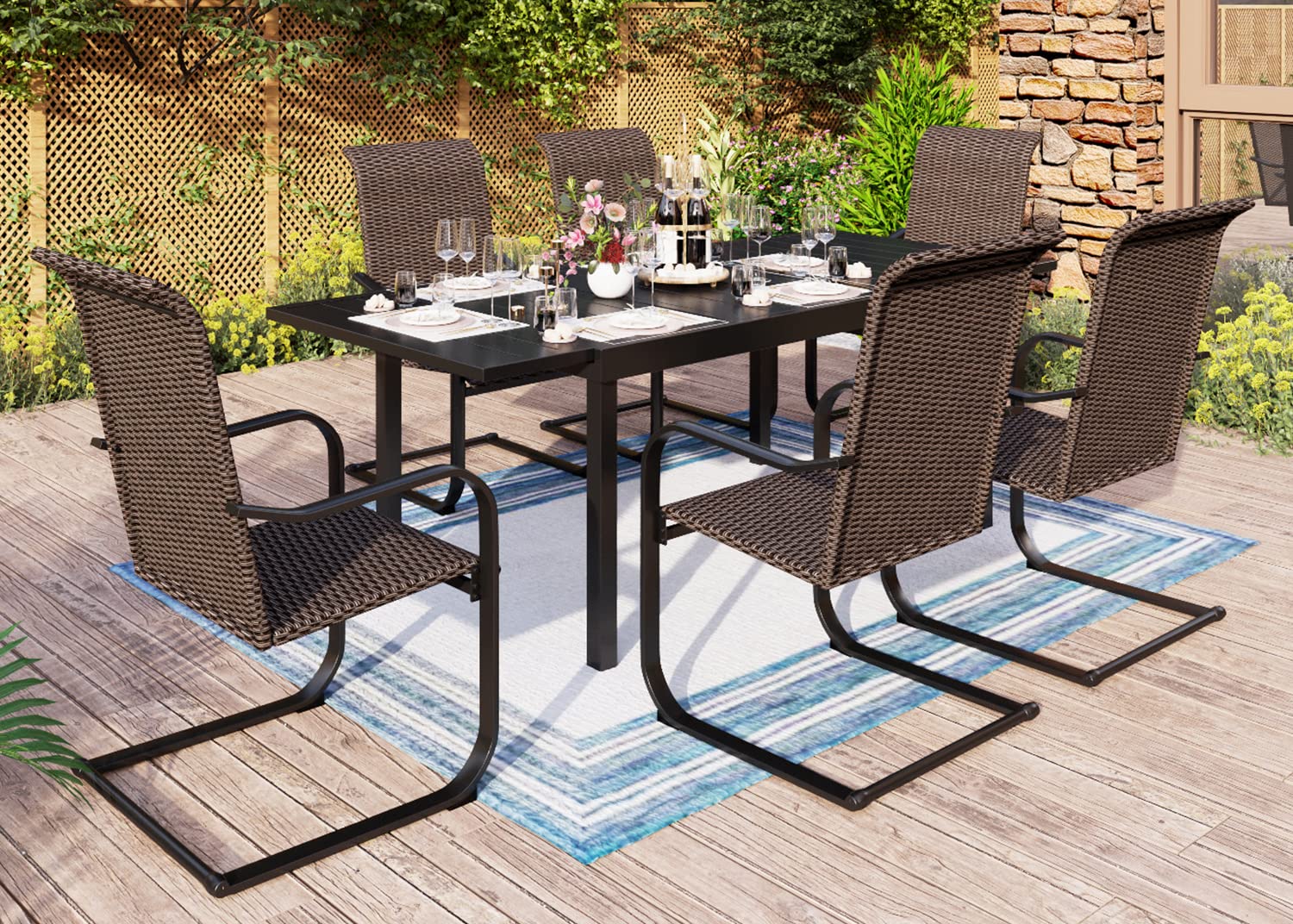 MFSTUDIO 7-Piece Outdoor Dining Set for 6 - Expandable Rectangle Metal Table & 6 C-Spring Motion Rattan High Back Chairs - Patio, Backyard, Garden, Poolside, Lawn Furniture - Perfect for Outdoor Entertaining & Relaxation