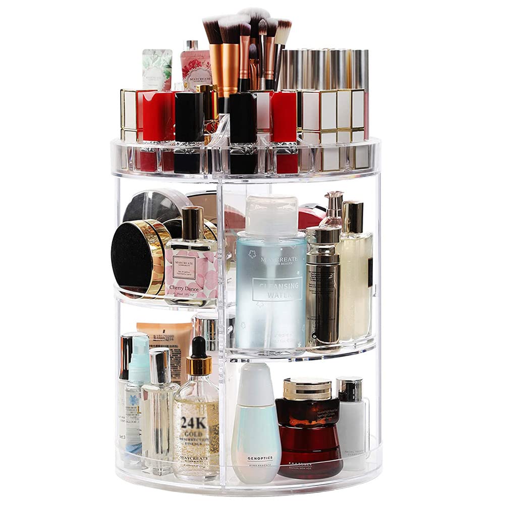 360 Degree Rotating Makeup Organizer - Large Transparent Cosmetic Storage Box with Adjustable Layers, Makeup Brush Holder & Lipstick Display | Perfect for Vanity, Bathroom Counter & Dressing Table Organization