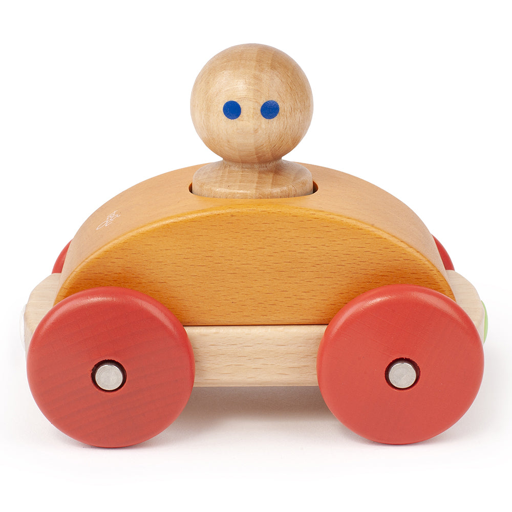 Tegu Orange Magnetic Wooden Race Car Toy Set - 3 Piece Magnetic Building Blocks for Kids, STEM Educational Construction Toy for Creative Play | Perfect for Birthday Gifts & Classroom Activities